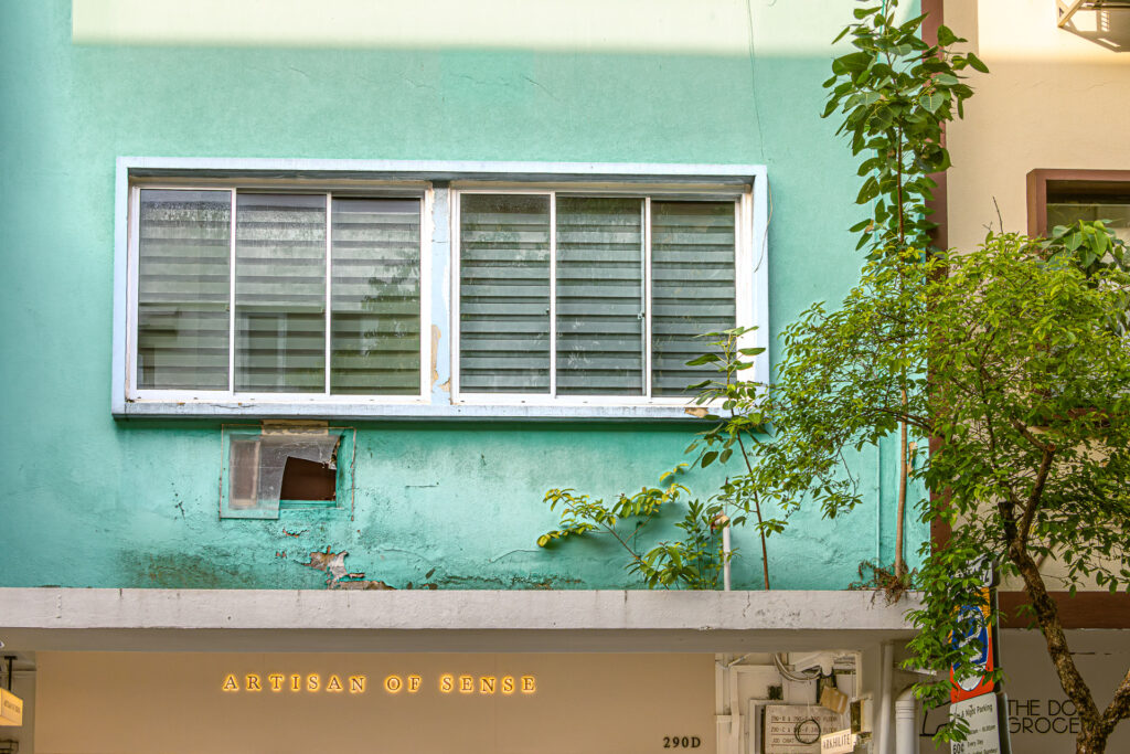 Teal-painted building facade with peeling paint and plants growing along a ledge, 'Artisan of Sense' signage below.